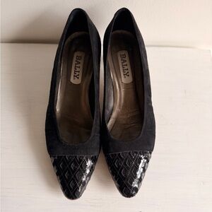 Bally Black Suede and Patent Pointed Toe Pumps